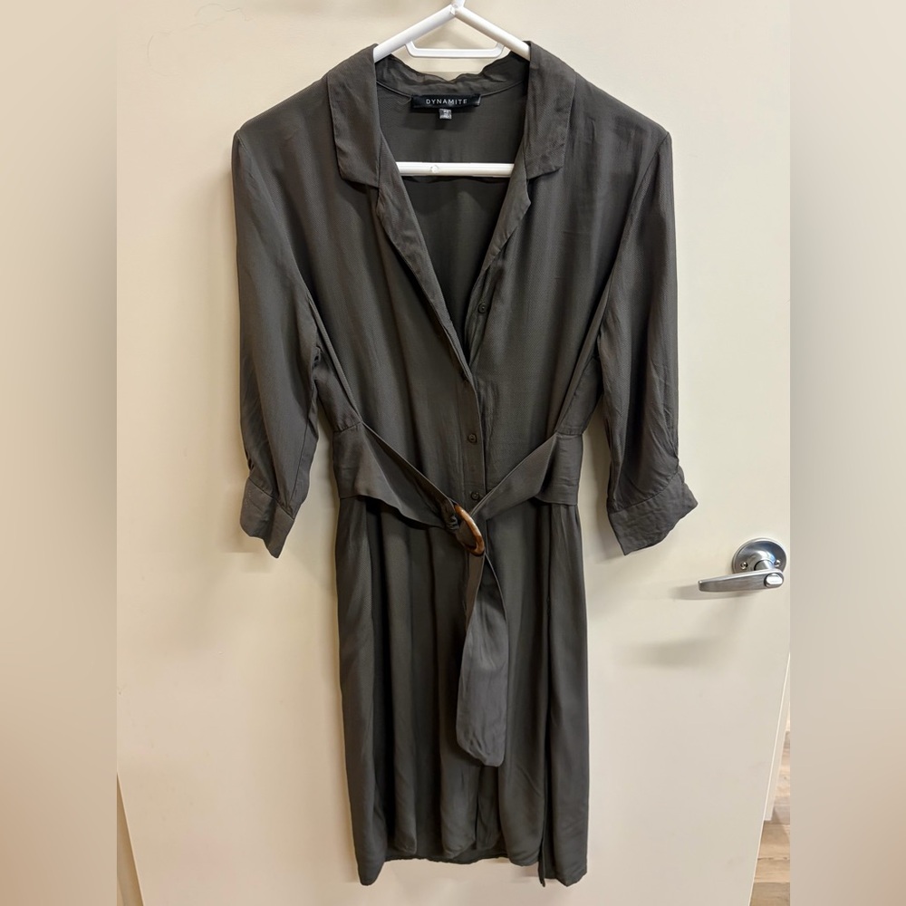 Dynamite Charcoal Button-Up Dress with Belt